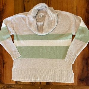 Rachel Zoe Cowl Neck Stretch Sweater, Oatmeal, Green & Ivory Stripes, Size Small